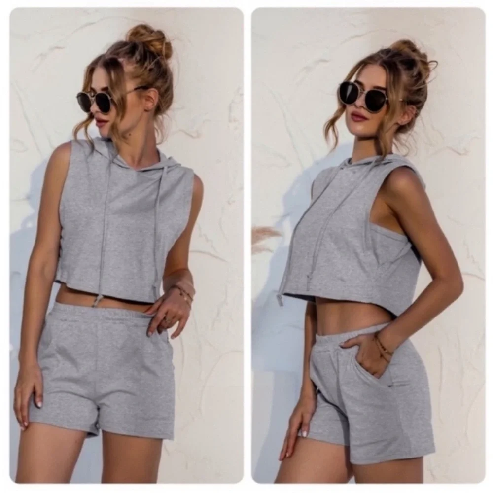 NWOT 6 Green hooded crop top vest and shorts with pockets workout lounge set - Picture 13 of 14